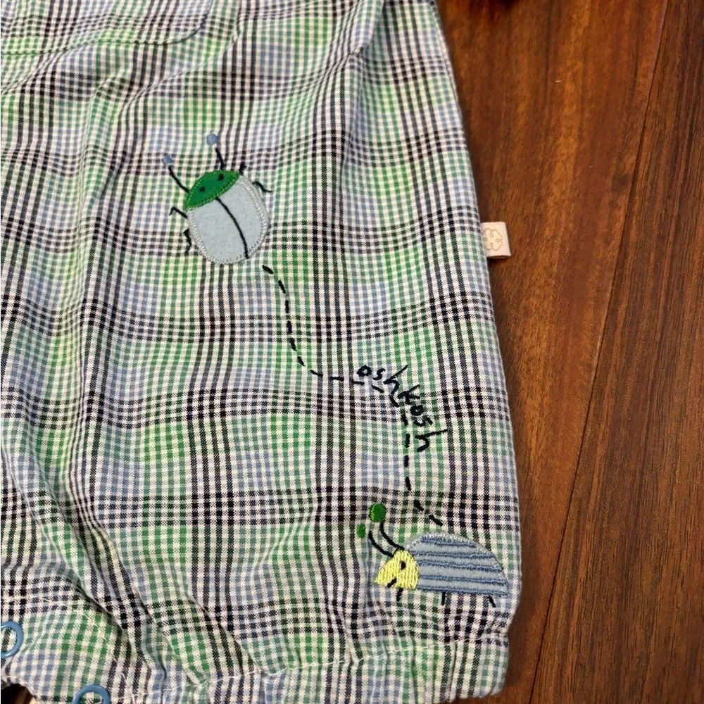 OshKosh Baby vintage y2k seersucker embroidered bugs blue/green plaid romper NWT